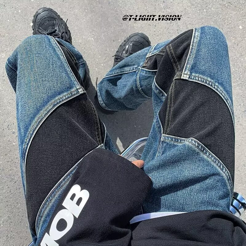 Men’s Color-Blocked Loose Straight Retro Jeans