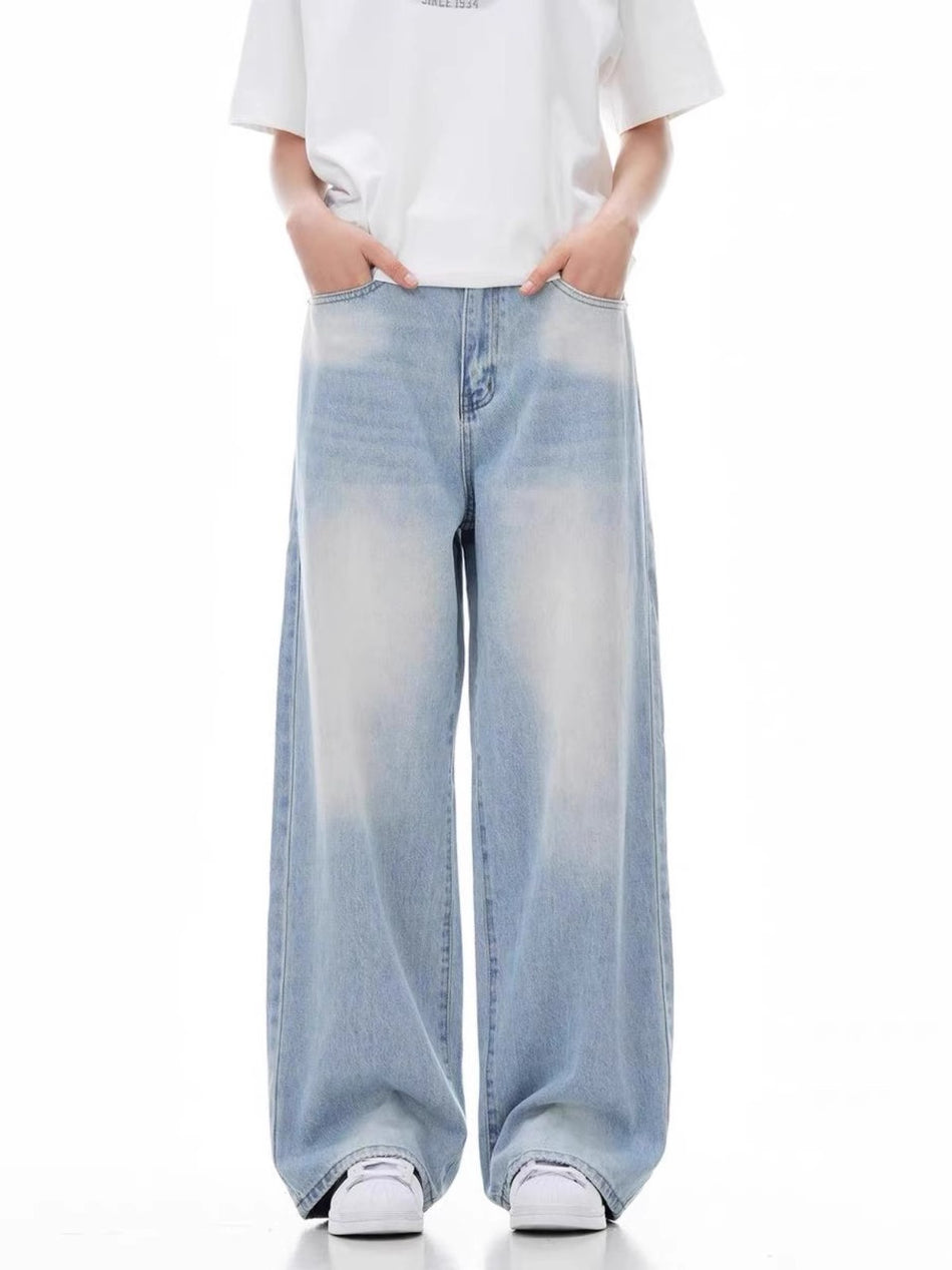 Men’s Light Blue Loose Wide-Leg Retro Jeans