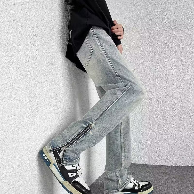 Men’s Yellow Mud Washed Zipper Retro Jeans