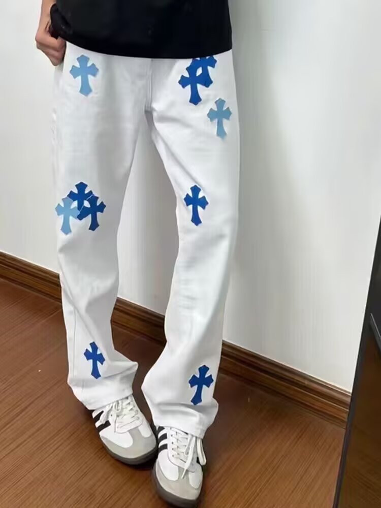 Men’s White Distressed Cross Retro Jeans