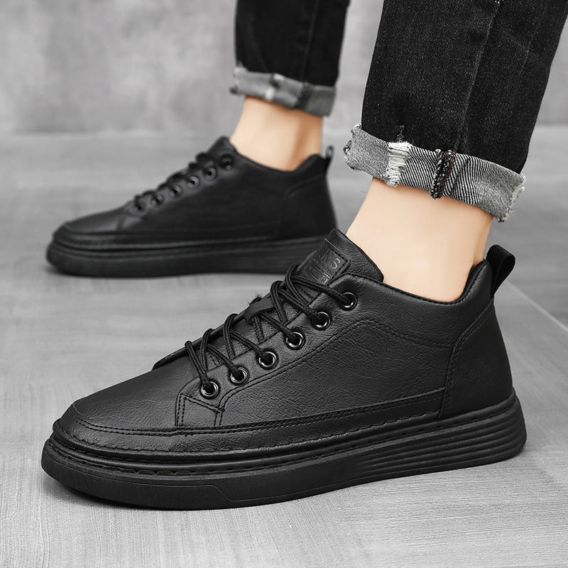 Men’s Korean Style Black Leather Casual Sneakers 2025