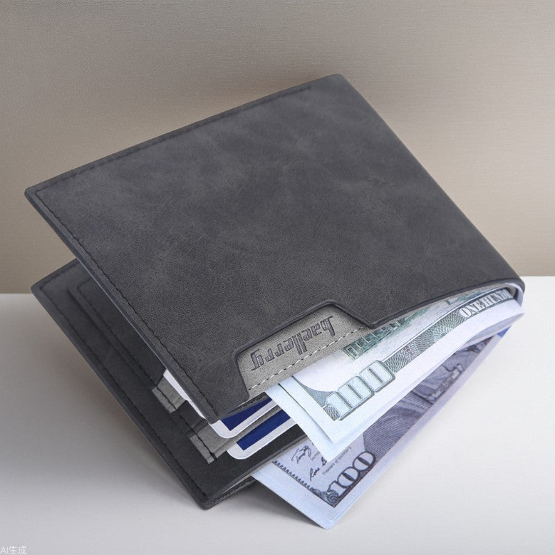 Men’s BAELLERRY Short Wallet – Frosted Leather Multi-Card Holder