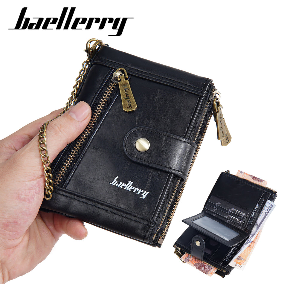 Men’s Baellerry Retro Oil Leather Wallet – Dual Zipper Coin Purse