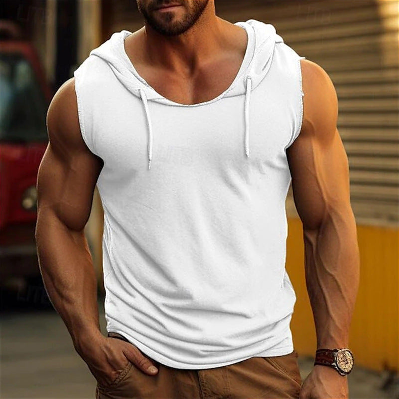 Men’s Sleeveless Fitness Hooded Vest – Solid Color Sports Top