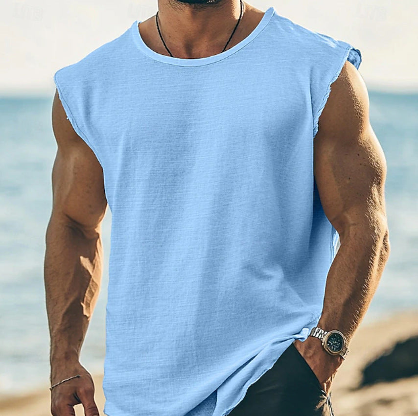 Men’s Muscle Tank Top Vest – Loose Fit Cotton Gym Workout Sleeveless Shirt (Frayed Edge, Summer Sports Style)