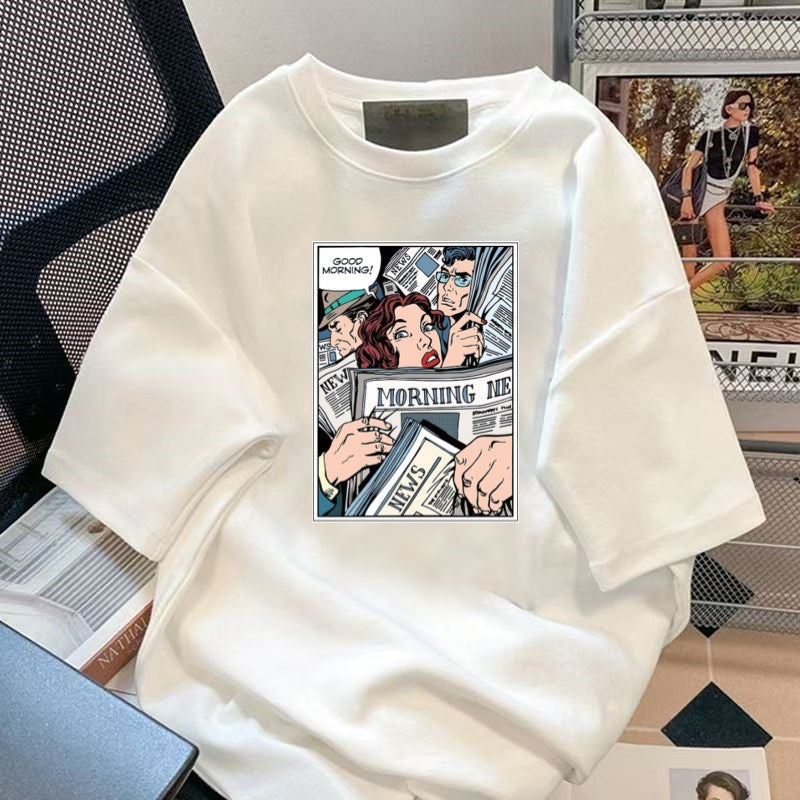 Men’s Loose Fit Cartoon Print Summer T-Shirt Round Neck Casual Top