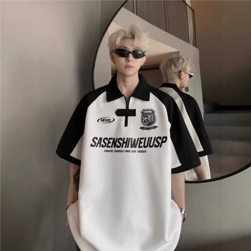 Unisex Biker Style Half-Zip Polo T-Shirt Oversized Summer Tee