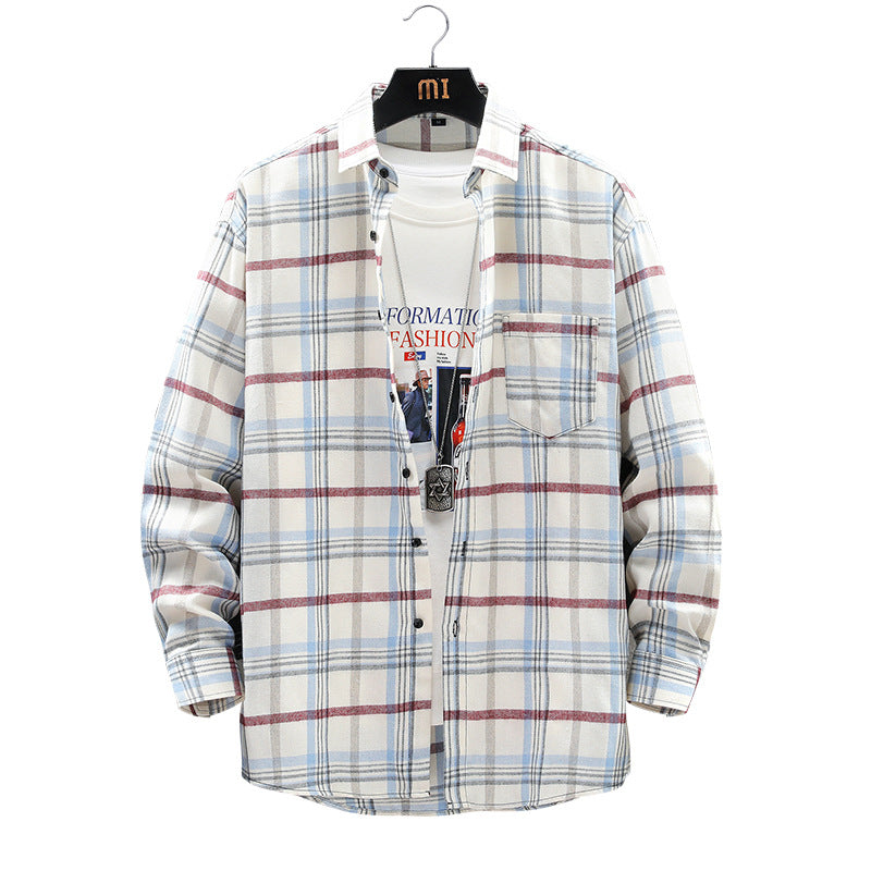 Men's Hong Kong Style Loose-Fit Plaid Long-Sleeve Shirt