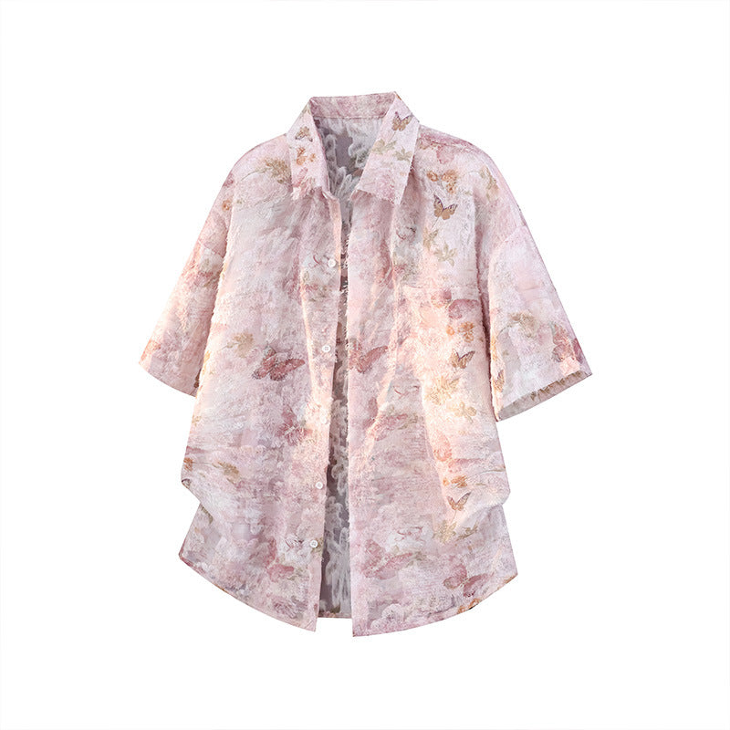 Men's American Retro Ice Silk Floral Shirt with Tassel Detail