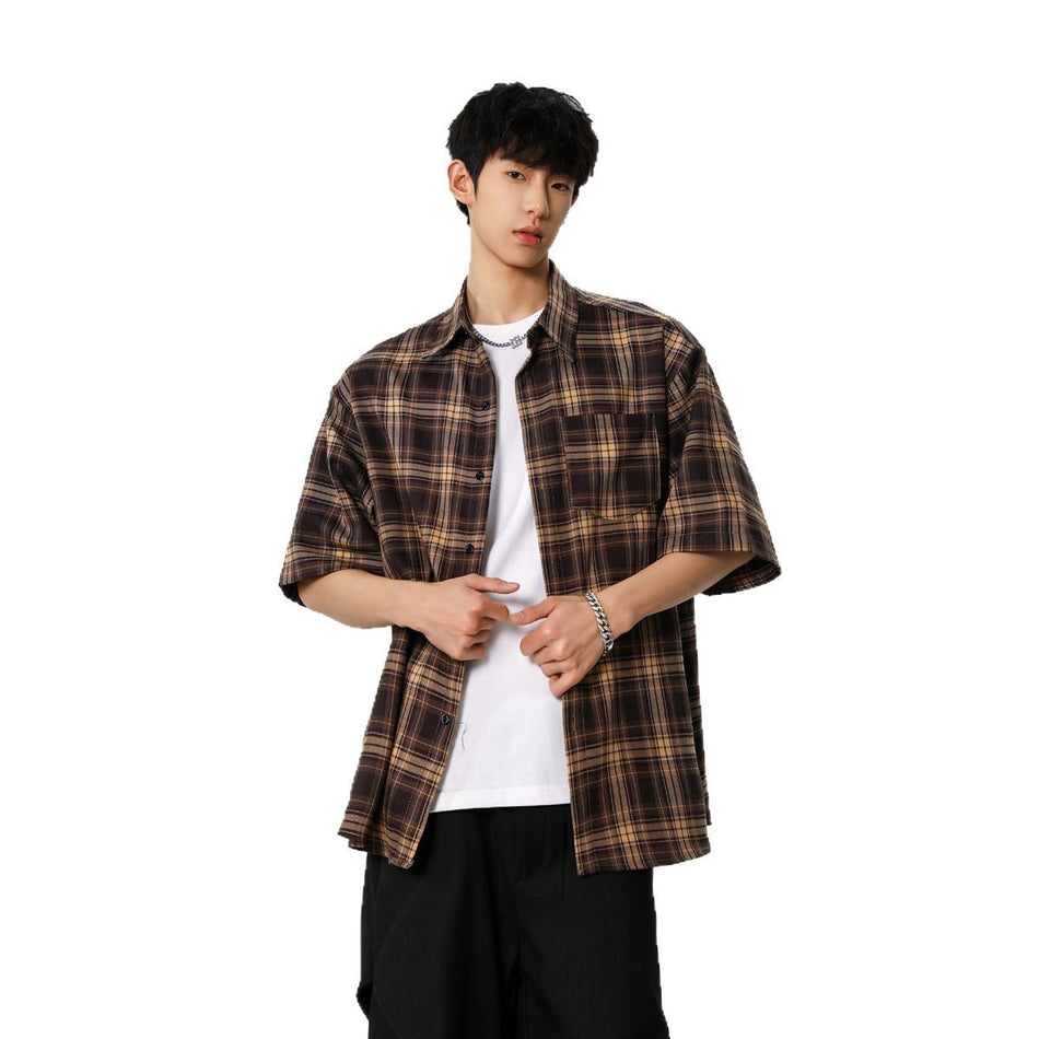 Men’s Summer Plaid Short-Sleeved Youth Casual Shirt