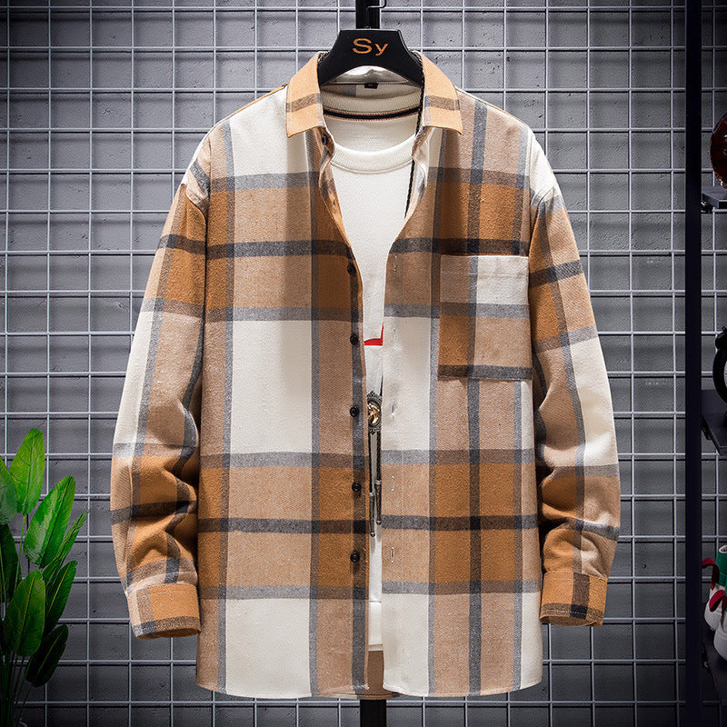 Men’s Brushed Cotton "Sanding" Plaid Long-Sleeve Shirt