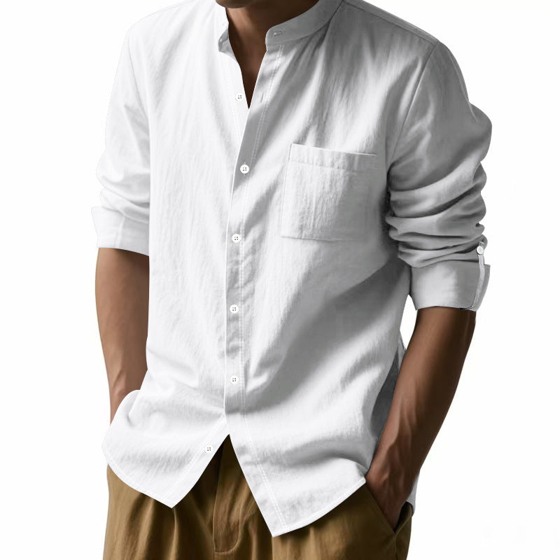 Men's Linen Stand Collar Shirt with Refined Pocket Detail