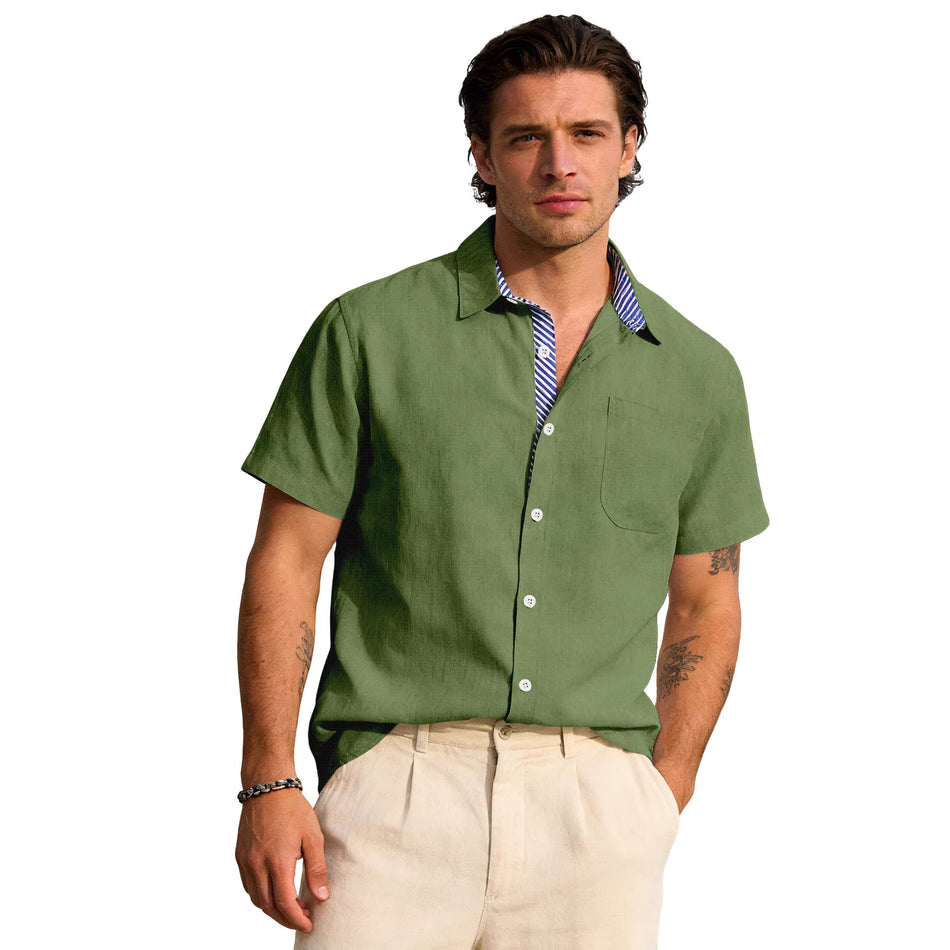 Men's American-Style Cotton Linen Short-Sleeved Pocket Shirt