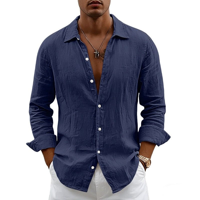 Men's Spring Lightweight Linen Cardigan Shirt with Turn-Down Collar