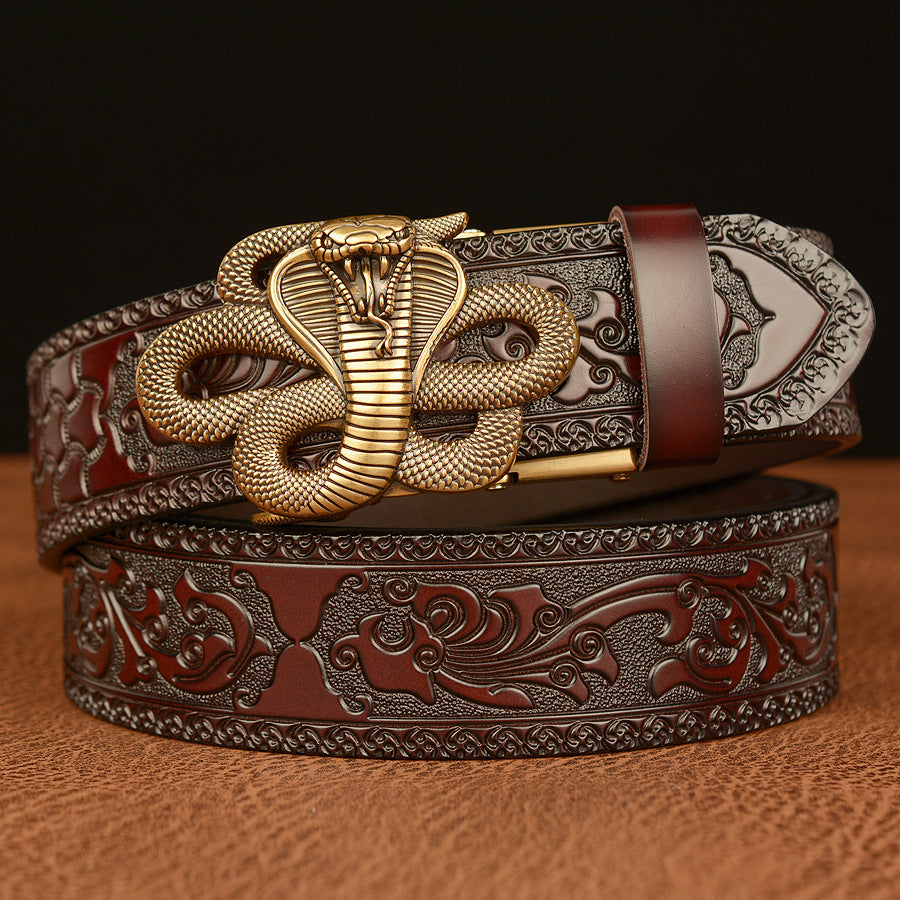 Men’s Cobra Automatic Buckle Cowhide Belt with Personalized Carving