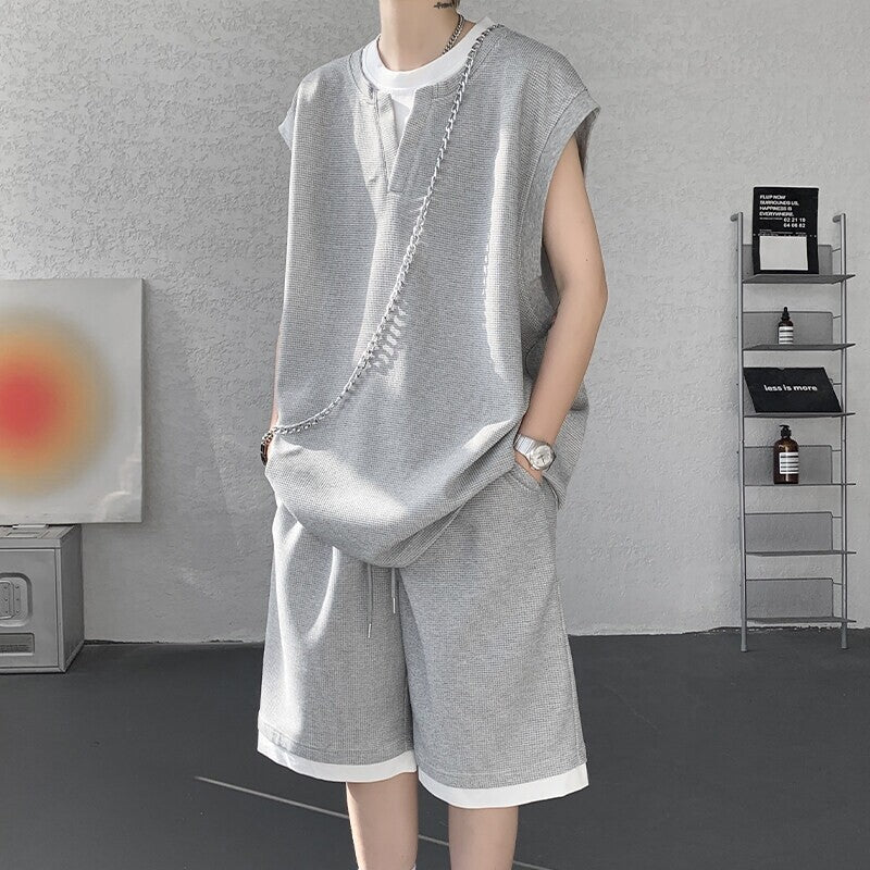 Men’s Waffle Knit Sleeveless Vest and Shorts Sports Set