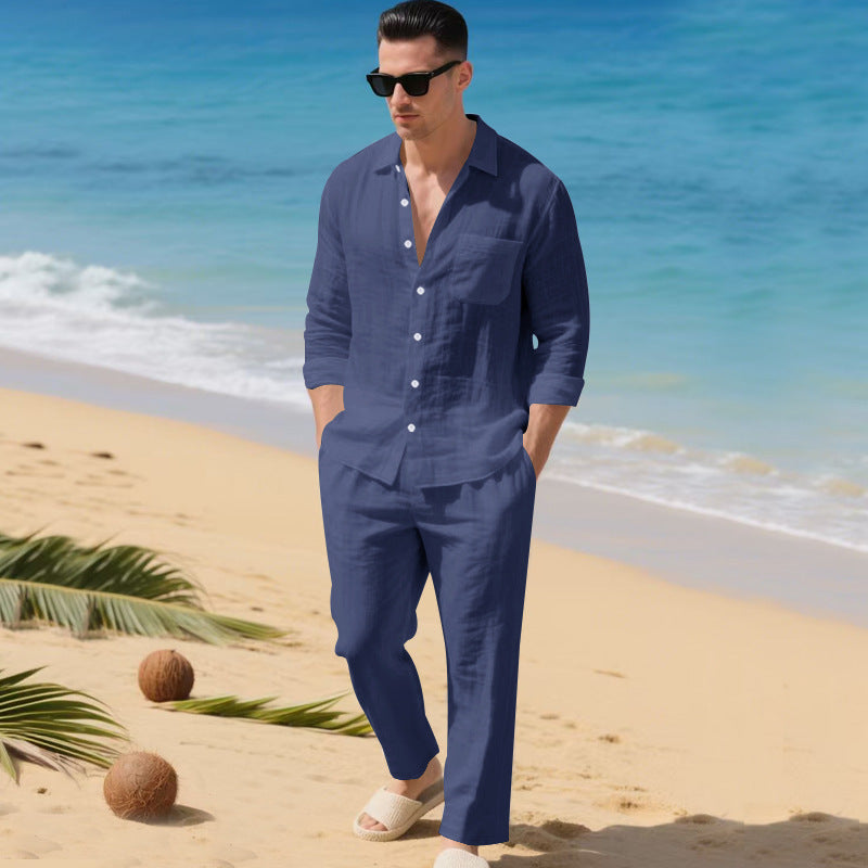 Men’s Relaxed Linen Lapel Shirt and Long Trousers Set