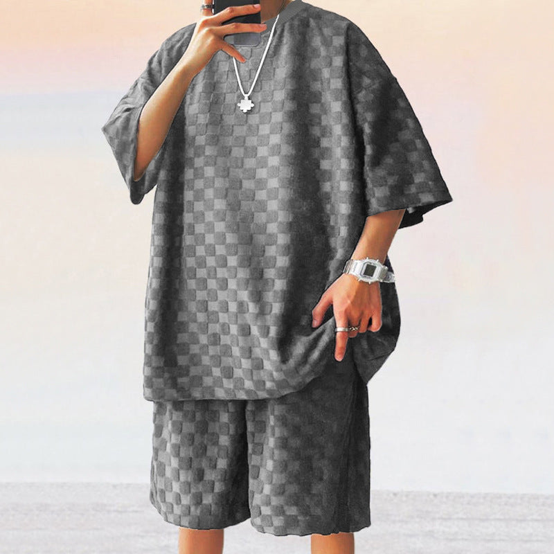 Men’s Jacquard Plaid Short-Sleeved T-Shirt and Shorts Set