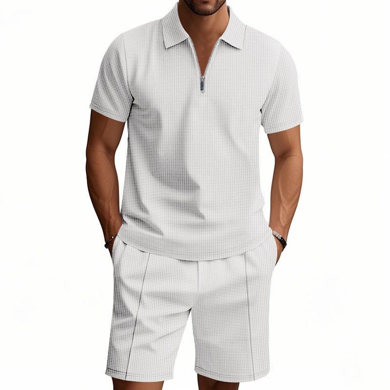 Men's Waffle Knit Summer Suit: Short Sleeve Lapel Set