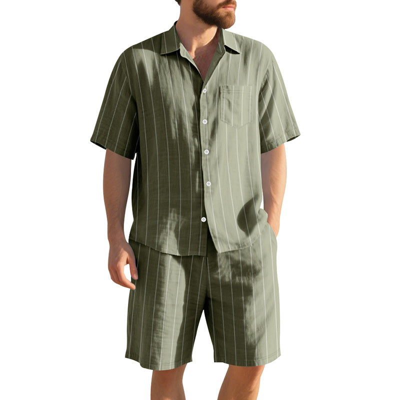 Men's Striped Jacquard Linen Set: Short Sleeve Shirt and Shorts