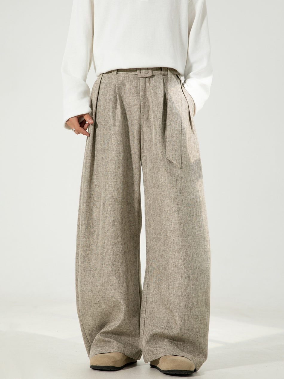 Men’s Pleated Curved-Cut Drapey Trousers with Belt