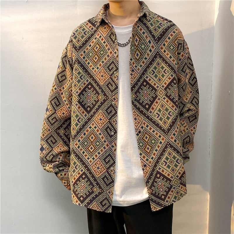 Men’s Vintage Baroque Ethnic Embroidered Long-Sleeve Overshirt