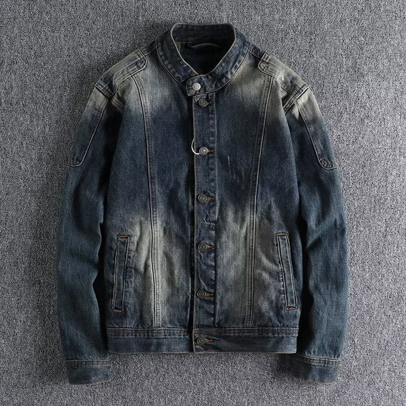 The Heritage Wash Stand-Collar Denim | American Retro Distressed Work Jacket