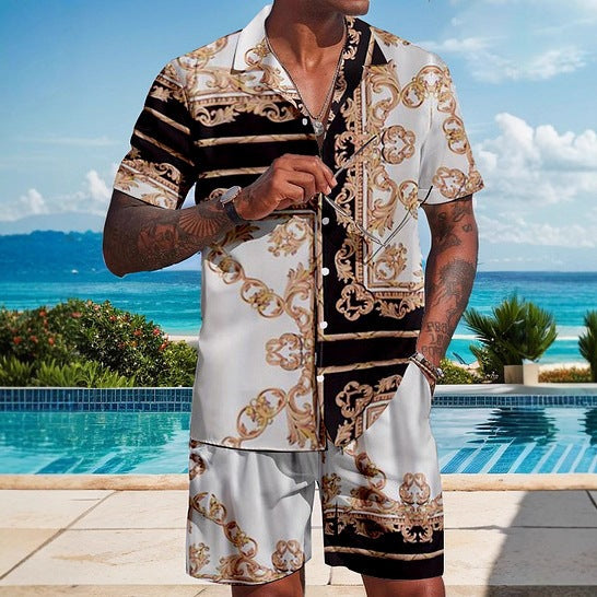 Men's Premium Hawaiian Ethnic Print Set | Cross-Border Summer Short-Sleeve Shirt & Shorts