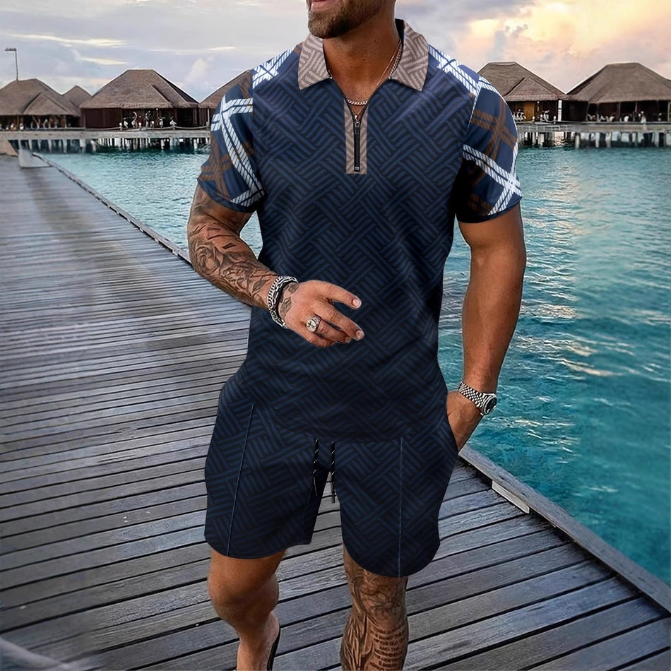 Men's Minimalist Digital Print Summer Set | Premium Zipper Short-Sleeve & Shorts Suit