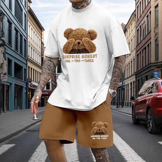 Men's Bear Print Jacquard Sports Suit | Premium European & American Style Summer Set