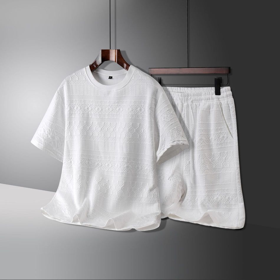 Men's Loose Casual Jacquard Sports Suit | Trendy Solid Color Summer Two-Piece Set