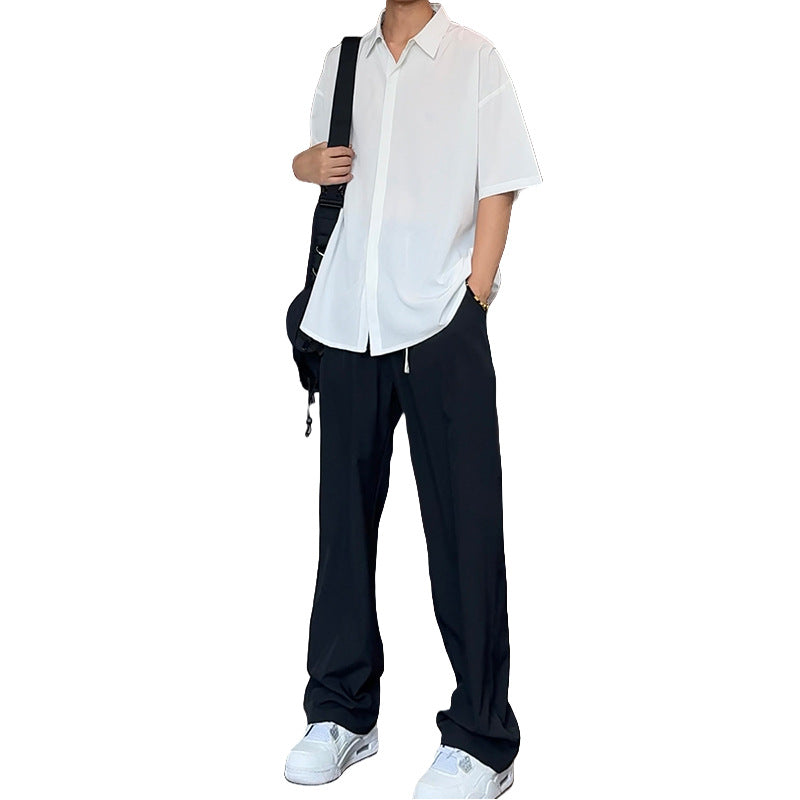 Men's High-End Ice Silk Summer Shirt Set | Trendy Casual Short-Sleeve & Long Pants Suit