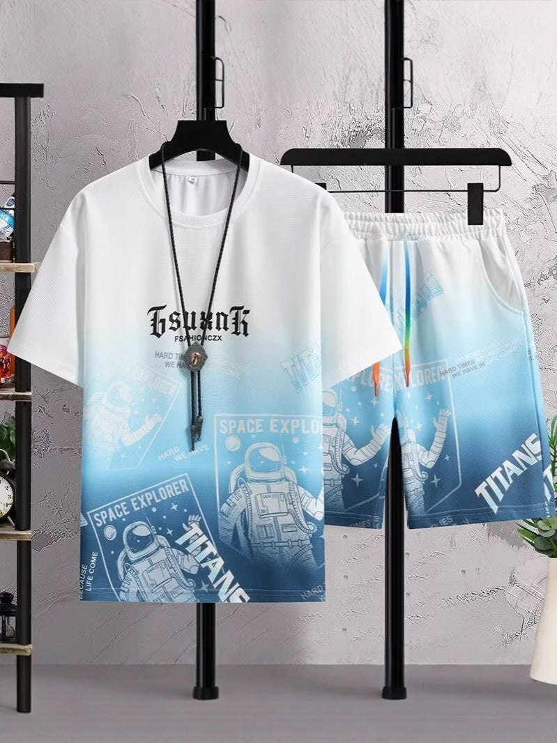 Men's 2026 Youth Gradient Sports Suit | Versatile Summer T-Shirt & Shorts Two-Piece Set