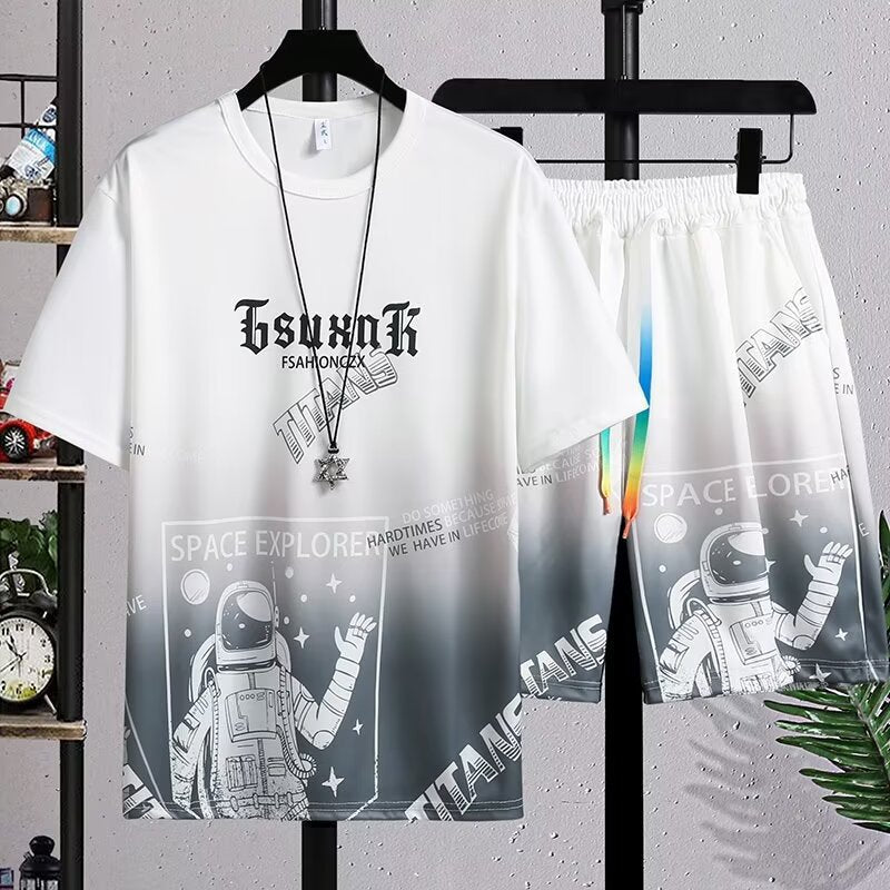 Men's Ins Trendy Gradient Summer Sports Suit | Premium Breathable T-Shirt & Shorts Set