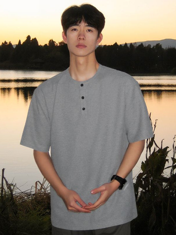 Men's Waffle Henley Shirt Loose Fit Summer Quarter Sleeve Top