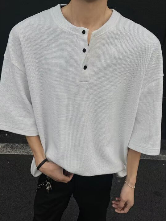 Men's Waffle Henry Collar Loose Fit Summer Casual T-Shirt
