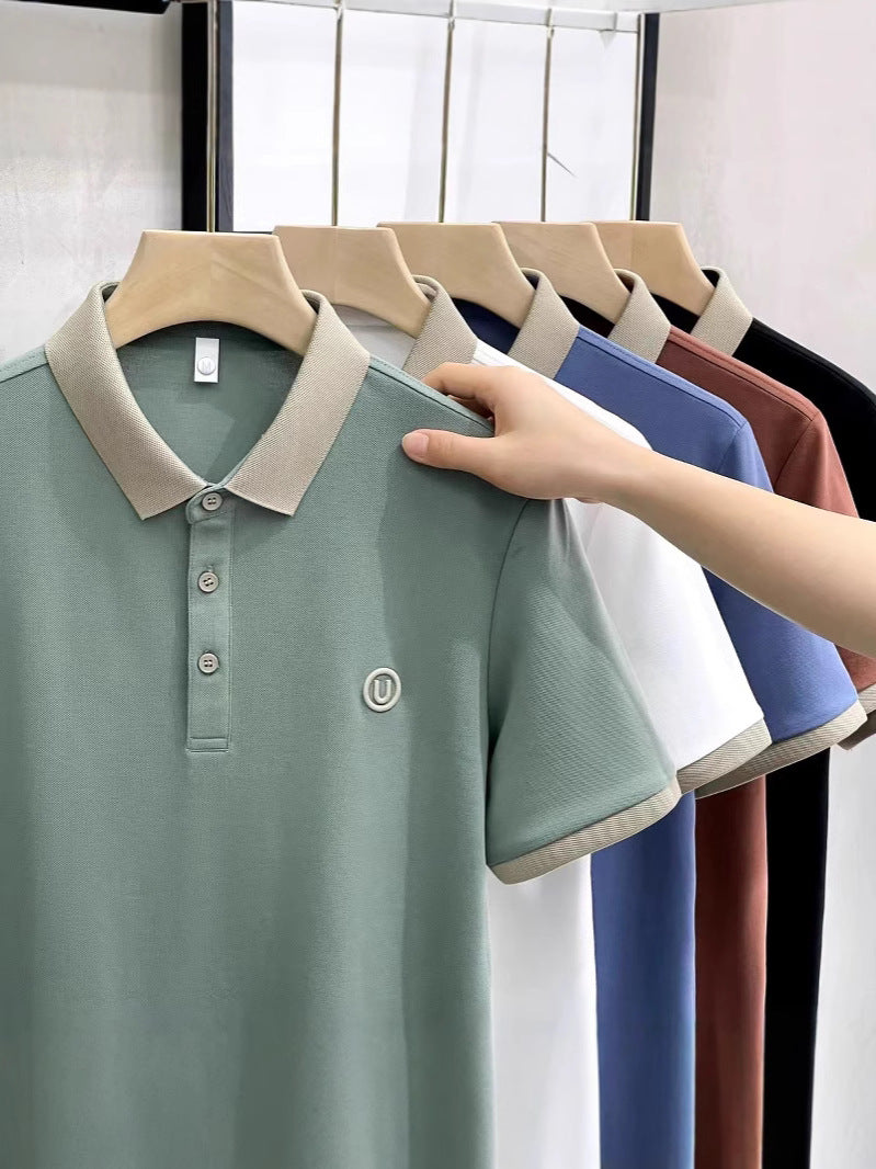 Men's Ice Silk Embroidered Polo Shirt Slim Fit Summer Tee White