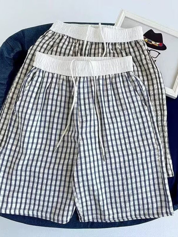 Men Bubble Gauze Plaid Ice Silk Quick Dry Summer Casual Shorts