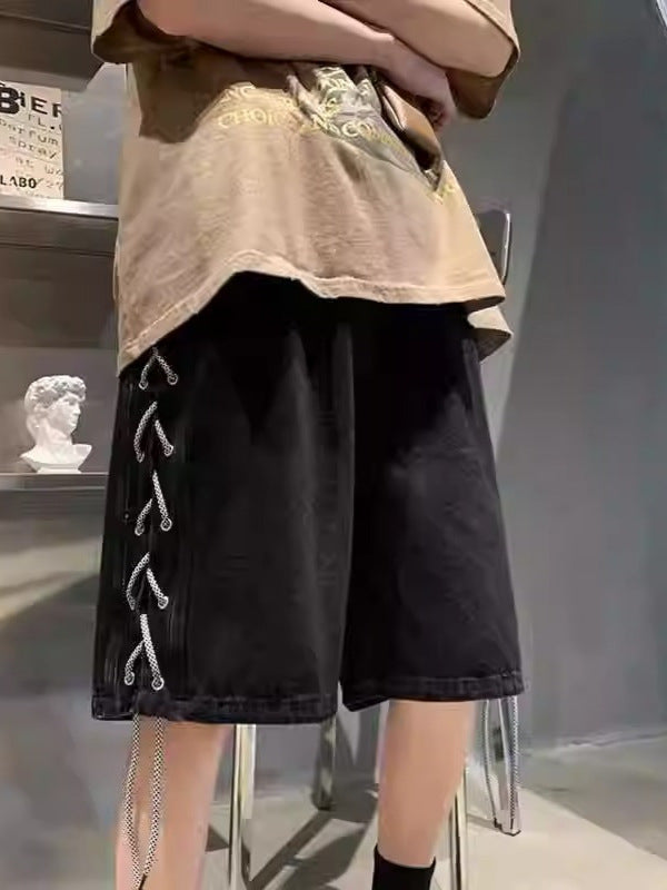 Side Braided Denim Shorts Men Street Style Loose Fit Basketball Five-Point Summer Pants