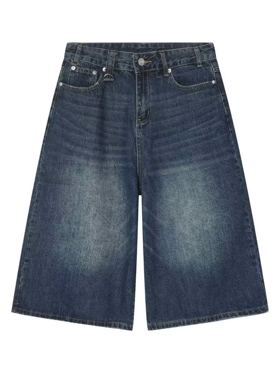 Washed Vintage Distressed Denim Shorts Unisex Loose Fit Straight Cut Korean Style Summer