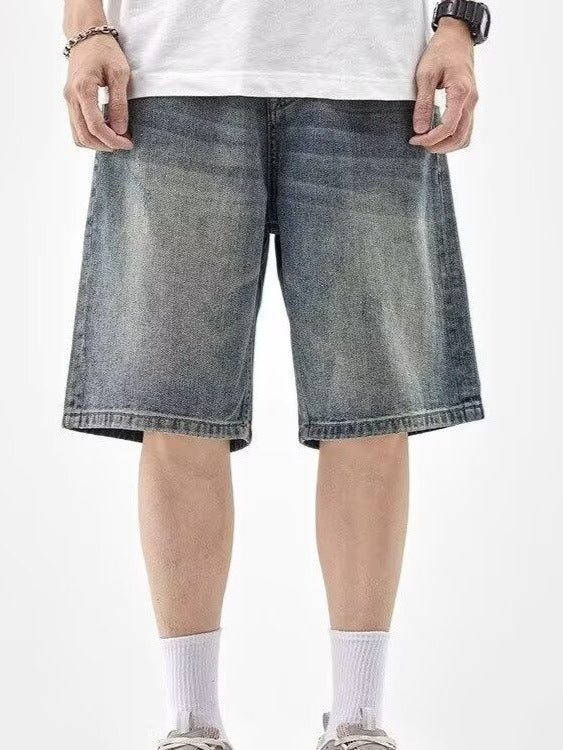 American Retro Washed Denim Shorts Men Loose Fit Straight Five-Point Summer