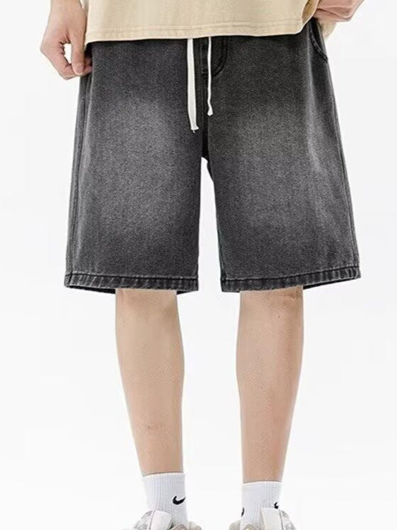Drawstring Loose Fit Denim Shorts Men Hong Kong Style Five-Point Casual Summer Pants