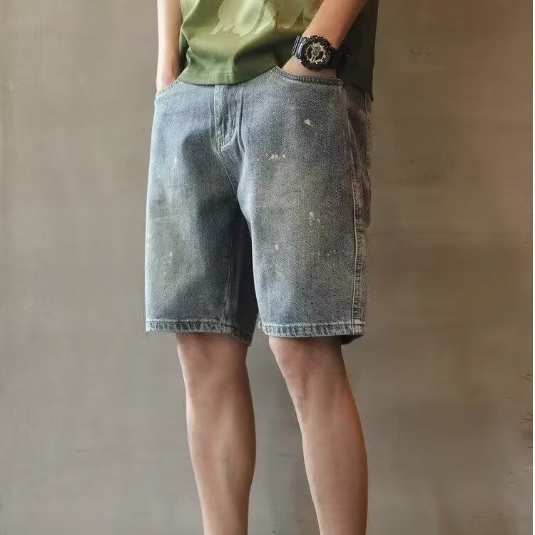 Washed Splatter Denim Shorts Men Loose Fit American Retro Five-Point Plus Size Summer