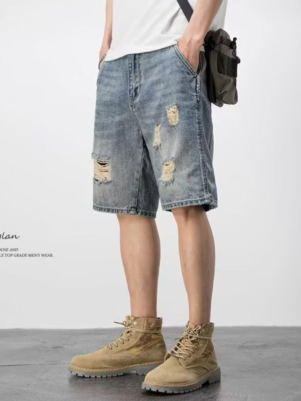 Japanese Style Ripped Denim Shorts Men Loose Fit Five-Point Casual Summer Streetwear