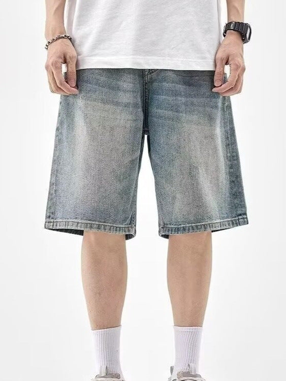American Retro Washed Denim Shorts Men Loose Straight Fit Five-Point Casual Summer