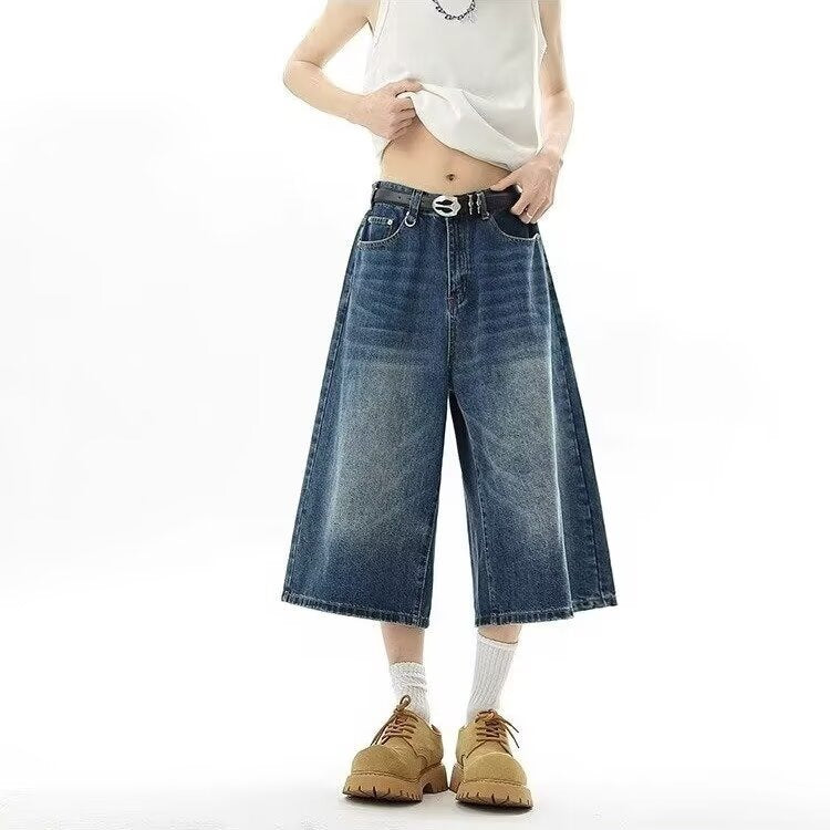 Washed Vintage Distressed Denim Shorts Unisex Loose Fit Straight Korean Style Summer