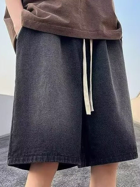 Hong Kong Style Drawstring Denim Shorts Men Loose Fit Five-Point Casual Summer Pants