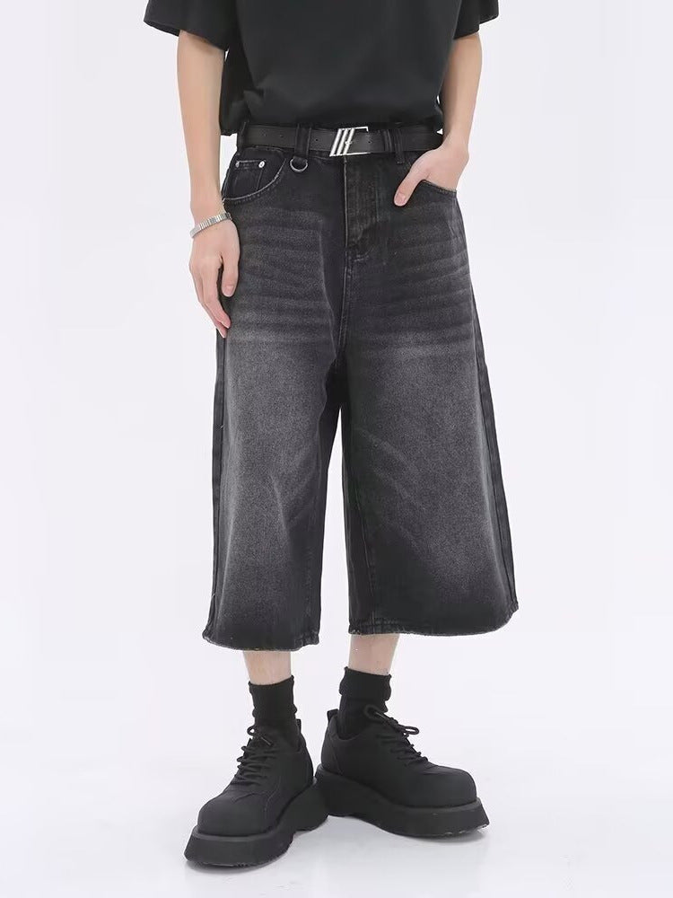 American Retro Distressed Denim Shorts Men Loose Wide-Leg Cropped Capri Summer