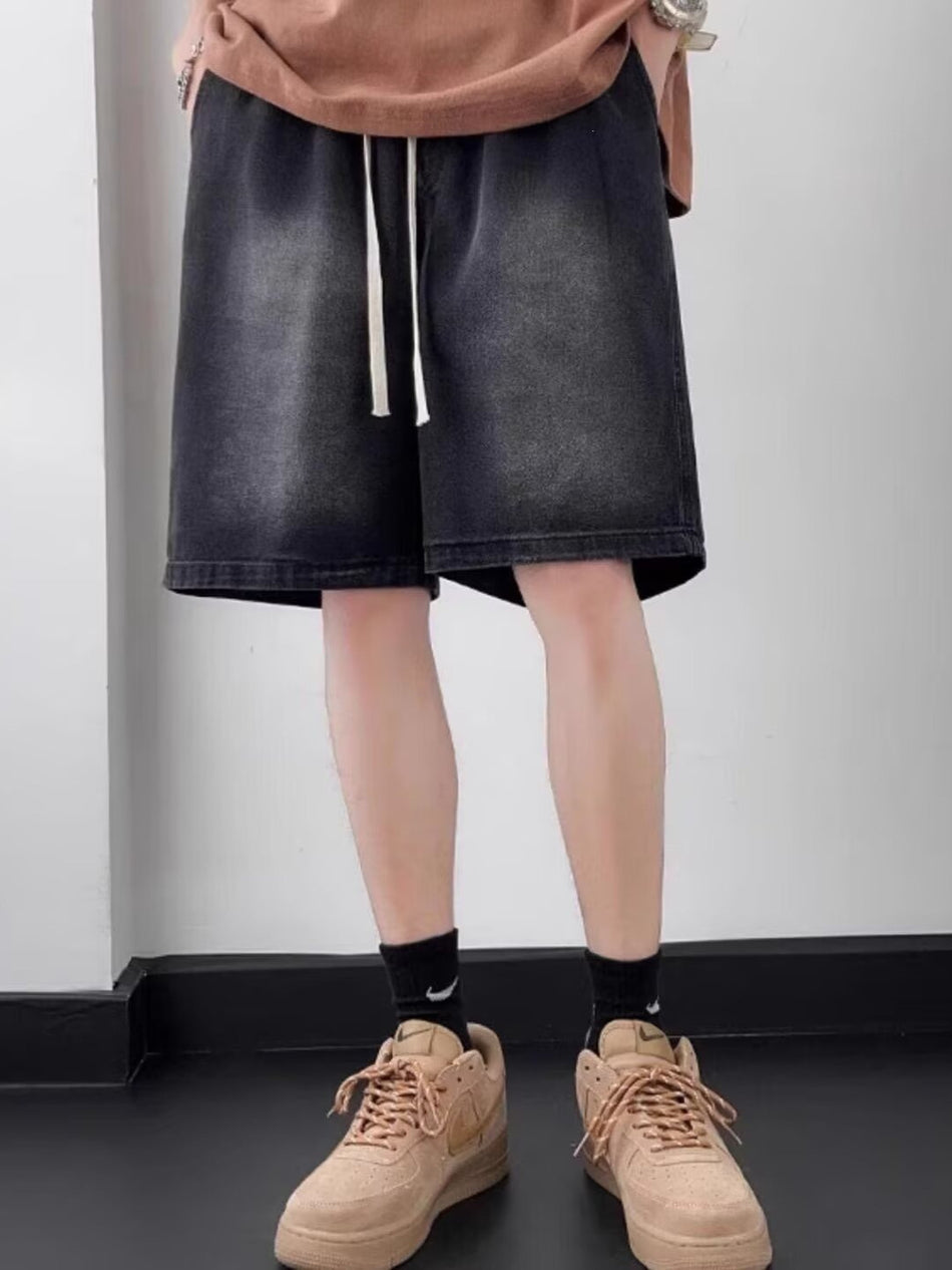 Drawstring Loose Fit Denim Shorts Men Hong Kong Style Five-Point Casual Summer Pants