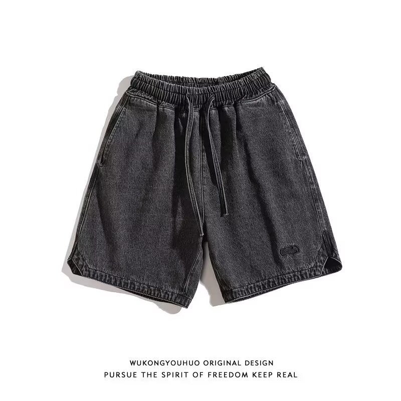 American Retro Washed Denim Shorts Men Loose Wide-Leg Street Hip-Hop Five-Point Summer Pants